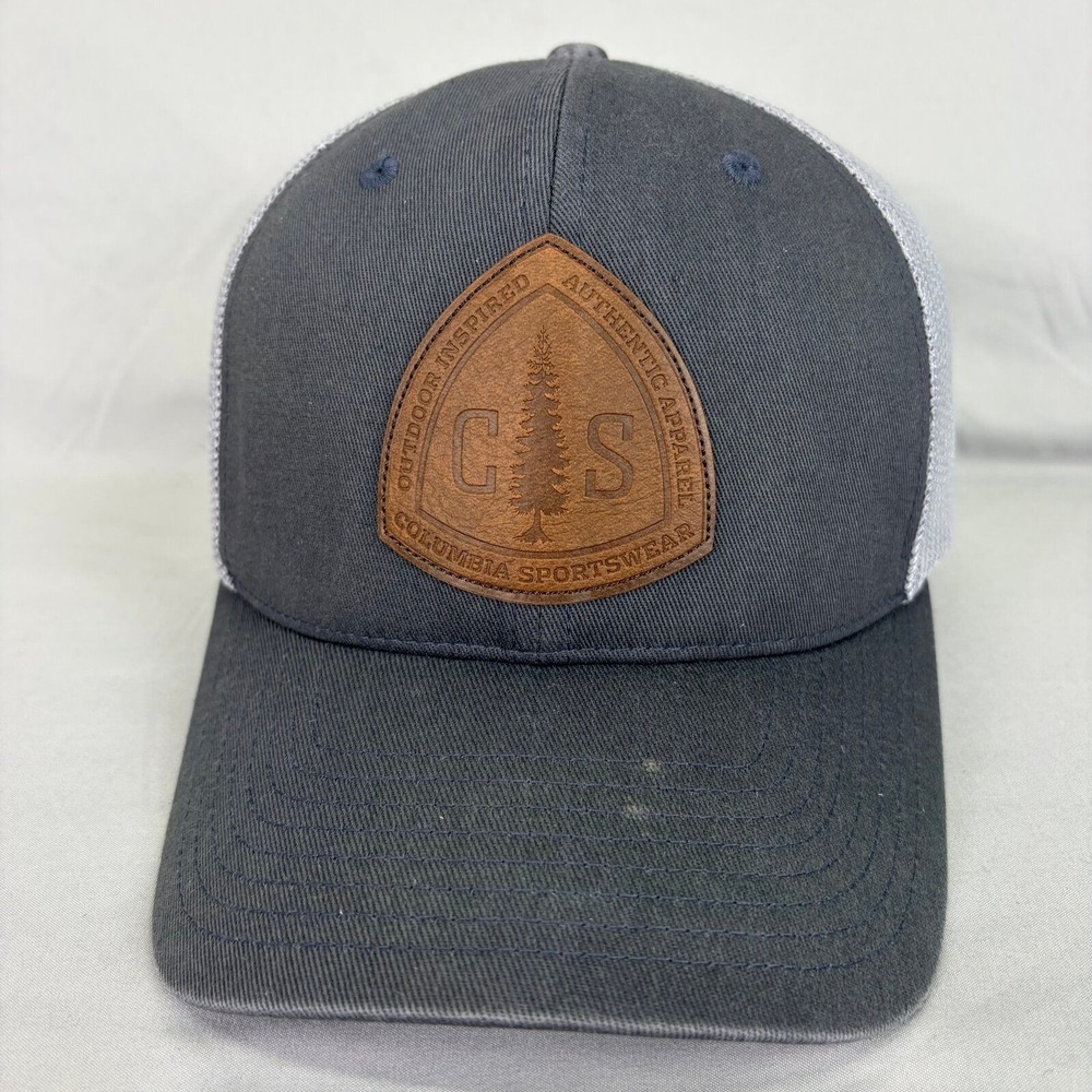 Columbia Hat Trucker Mesh Flexfit Unisex S/M Gray Leather Patch Cap